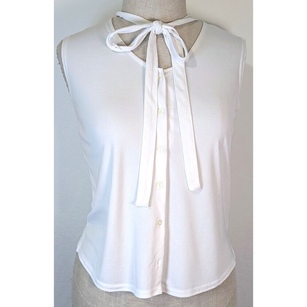 Kathie Lee White Pussybow Sleeveless Blouse Button Up Tie Neck Top Vintage Large